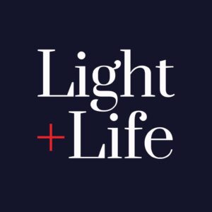 Black square with the Light and Life logo in white and red