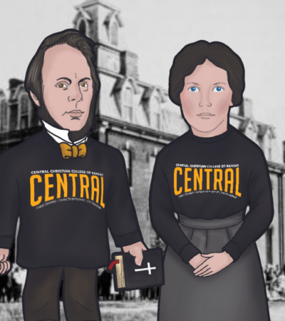 Cartoon version of B.T. Roberts & Ellen Roberts wearing Central shirts standing in front of vintage photo of Orleans Seminary.